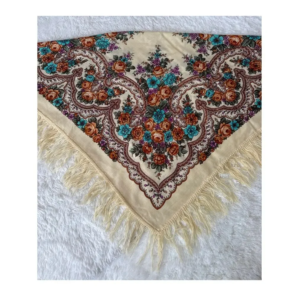 1970s Vintage Floral Hand-Knotted Fringe Shawl Scarf Boho Folk Cotton Wrap